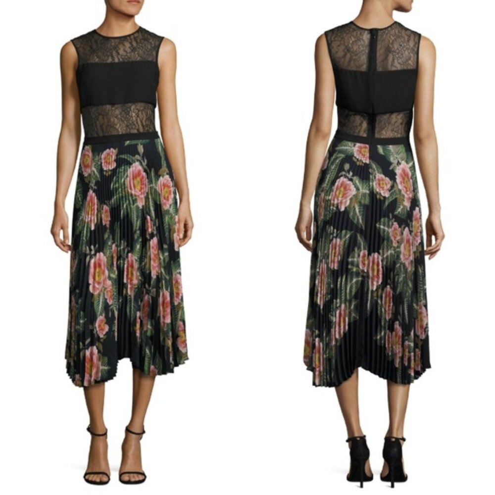 Delfi Collective Floral Pleated Lace Top Dress with Cut Out